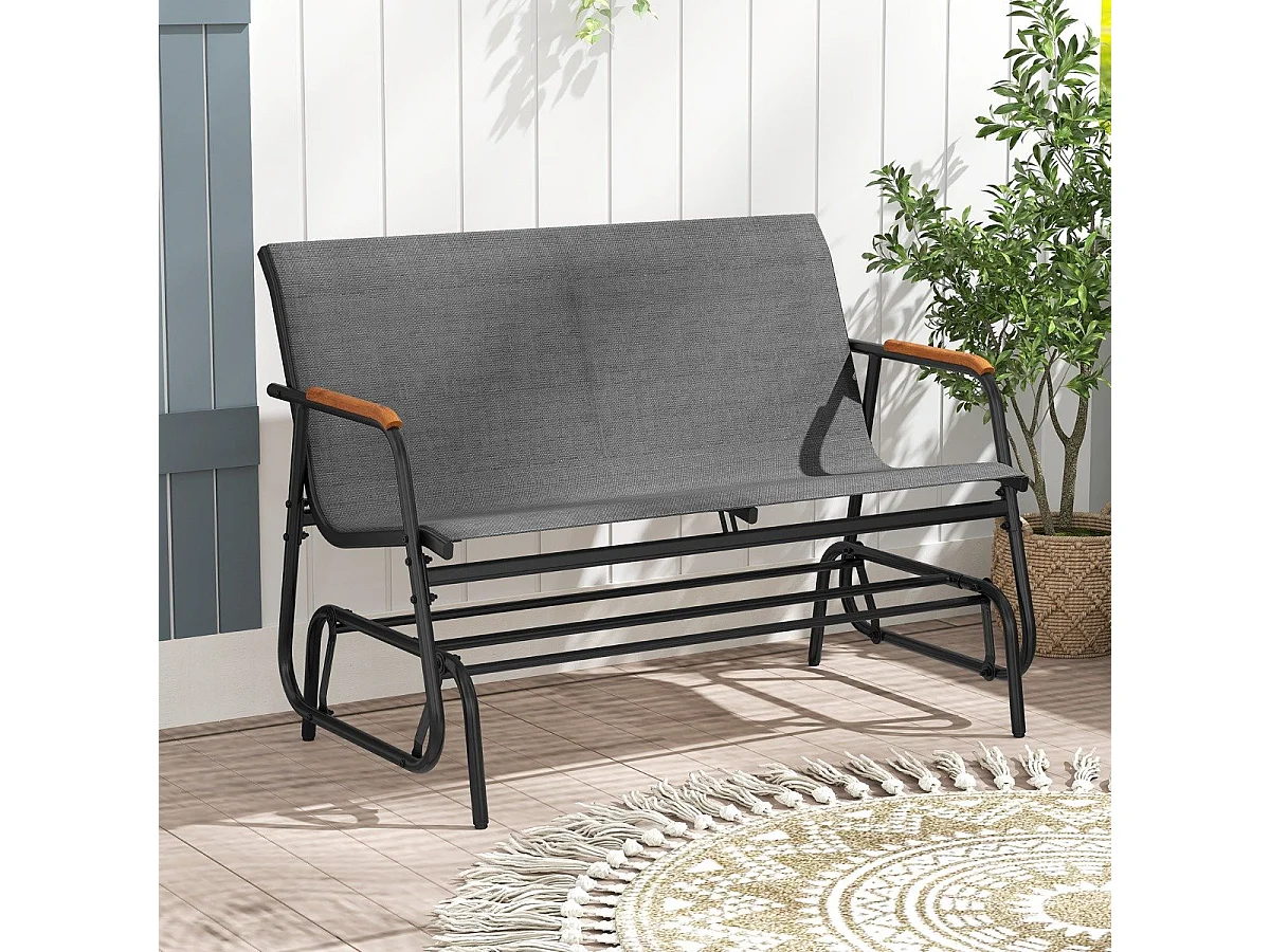 Panca a dondolo da esterno per 2 persone, Braccioli curvi in legno e seduta in tessuto traspirante Grigio