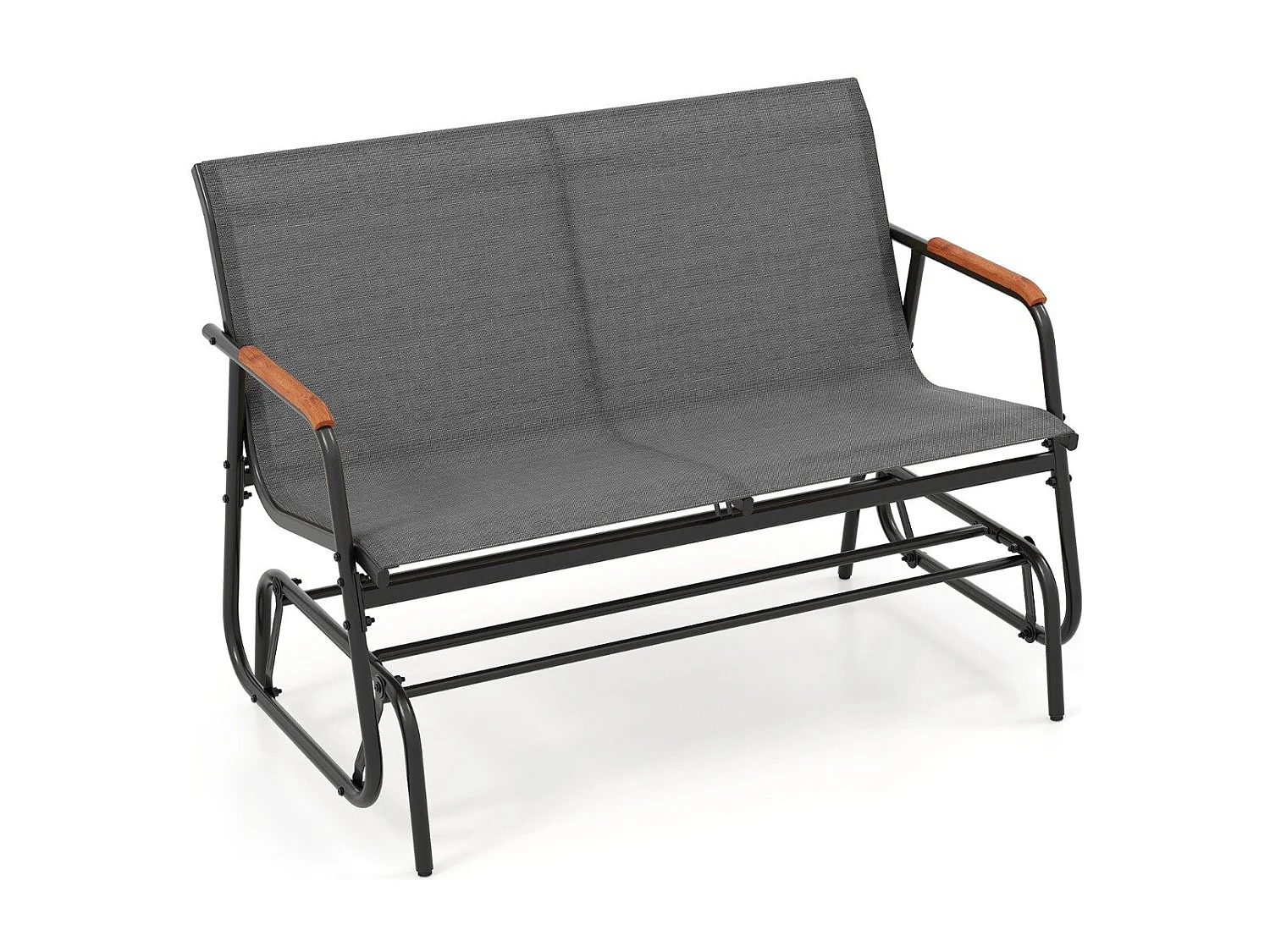 Panca a dondolo da esterno per 2 persone, Braccioli curvi in legno e seduta in tessuto traspirante Grigio