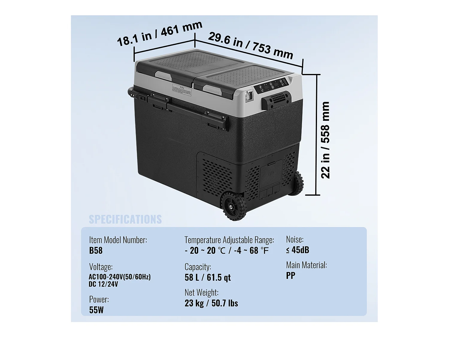 Réfrigérateur Portable SucceBuy, 58 L, Double Zone, Réfrigérateur Congélateur pour la Maison, l'Extérieur, le Camping, le Camping-Car