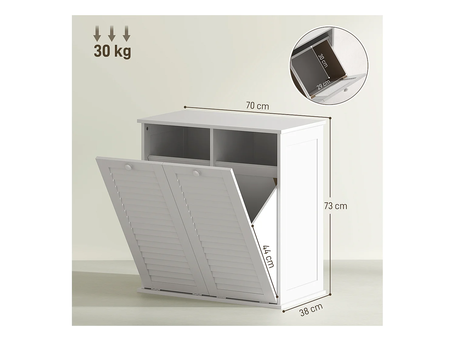 Wäscheschrank, Badezimmerschrank mit 2 Wäschekörben, mit Griffen, 70 x 38 x 73 cm