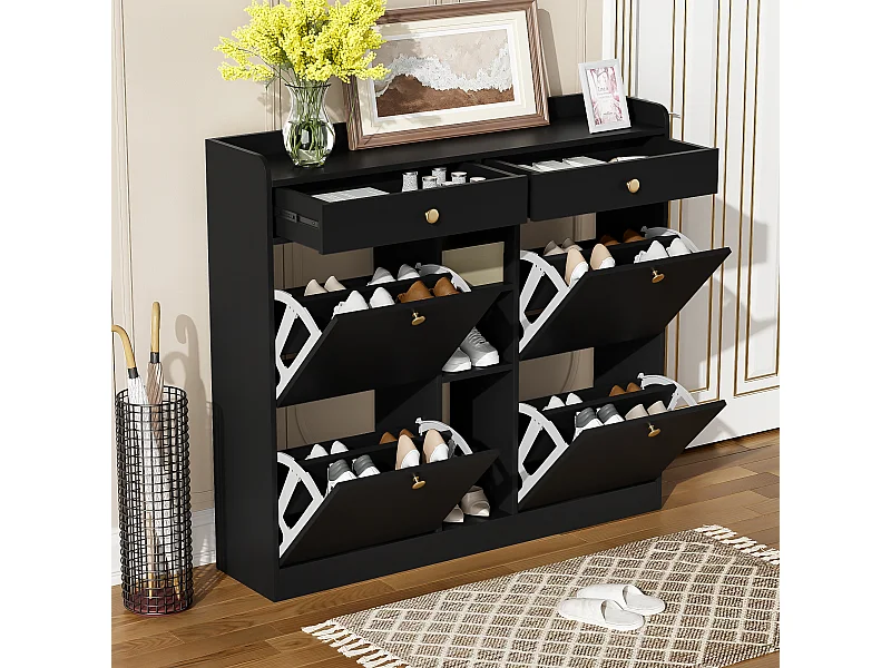 Eleganter schwarzer Schuhschrank mit 4 Flügeltüren, 110 x 26 x 100 cm