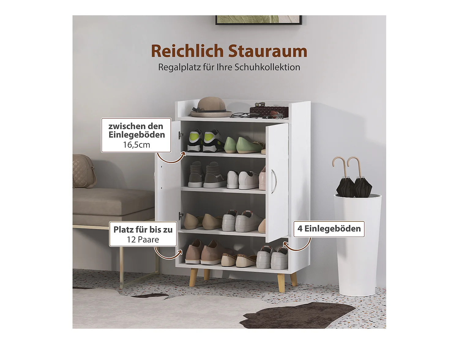 Schuhschrank, Schuhregal Mit Türen und Einlegeböden, für 12 Schuhe