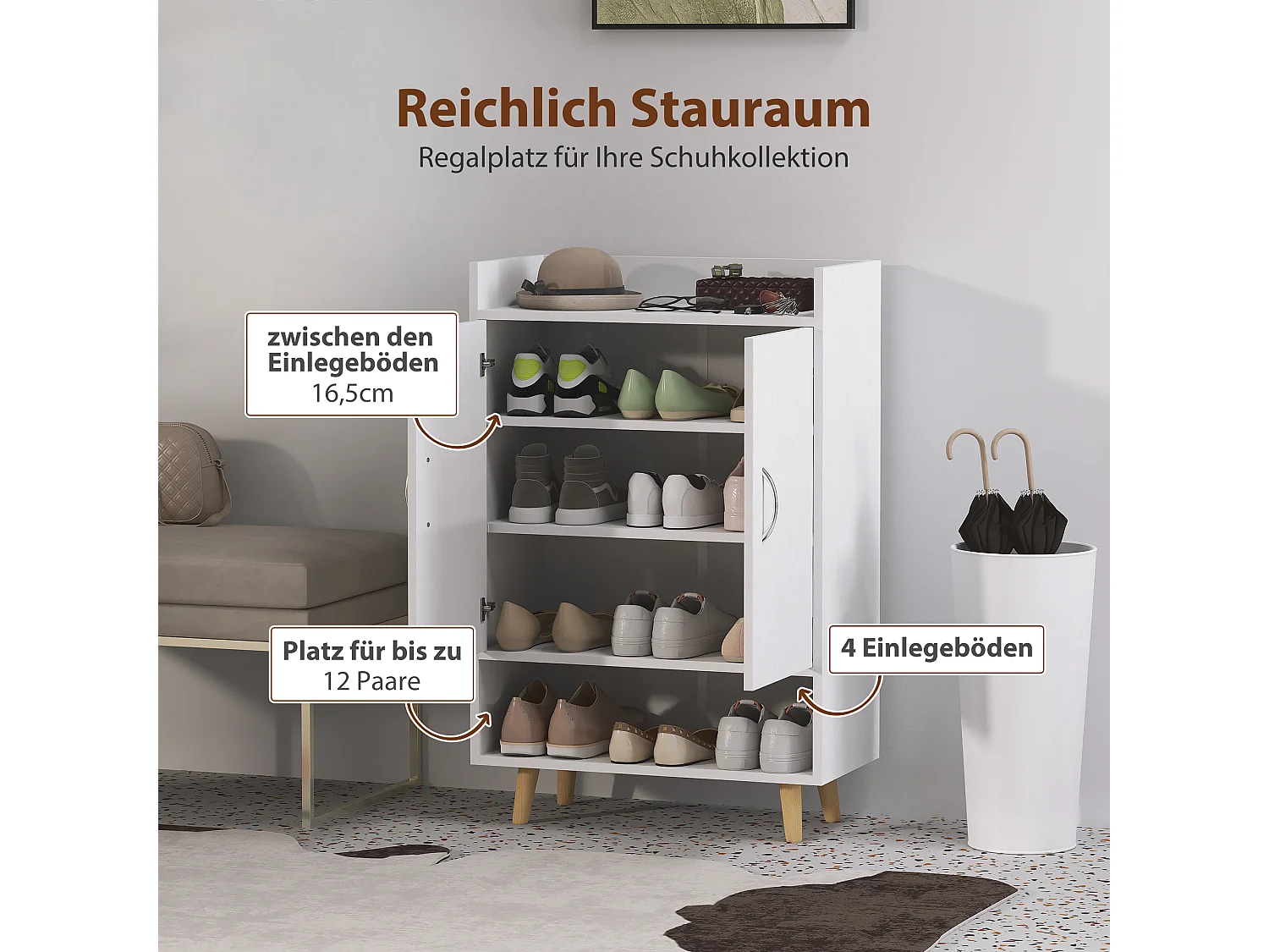 Schuhschrank, Schuhregal Mit Türen und Einlegeböden, für 12 Schuhe