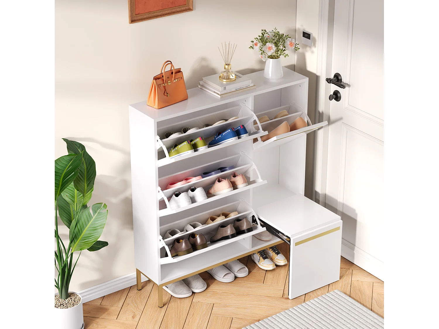 Schuhschrank mit Wickelhocker, dreiteiliges, klappbares Schuhregal