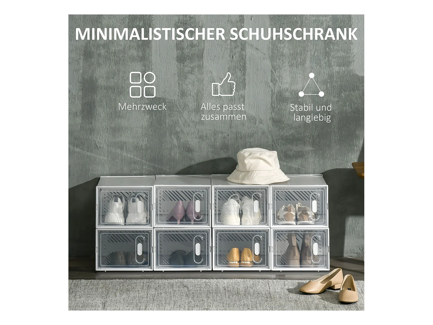 Schuhschrank mit 8 ineinander steckbaren Einlegeböden, rechteckig