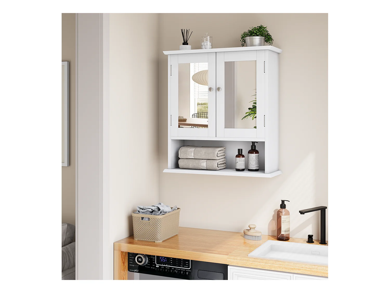 Badkamerkast met spiegel, wit medicijnkastje met verstelbare plank