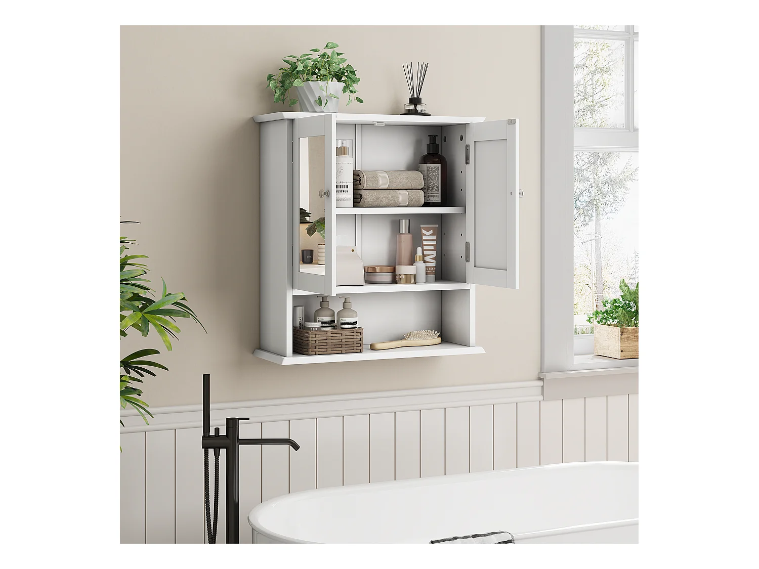 Badkamerkast met spiegel, wit medicijnkastje met verstelbare plank