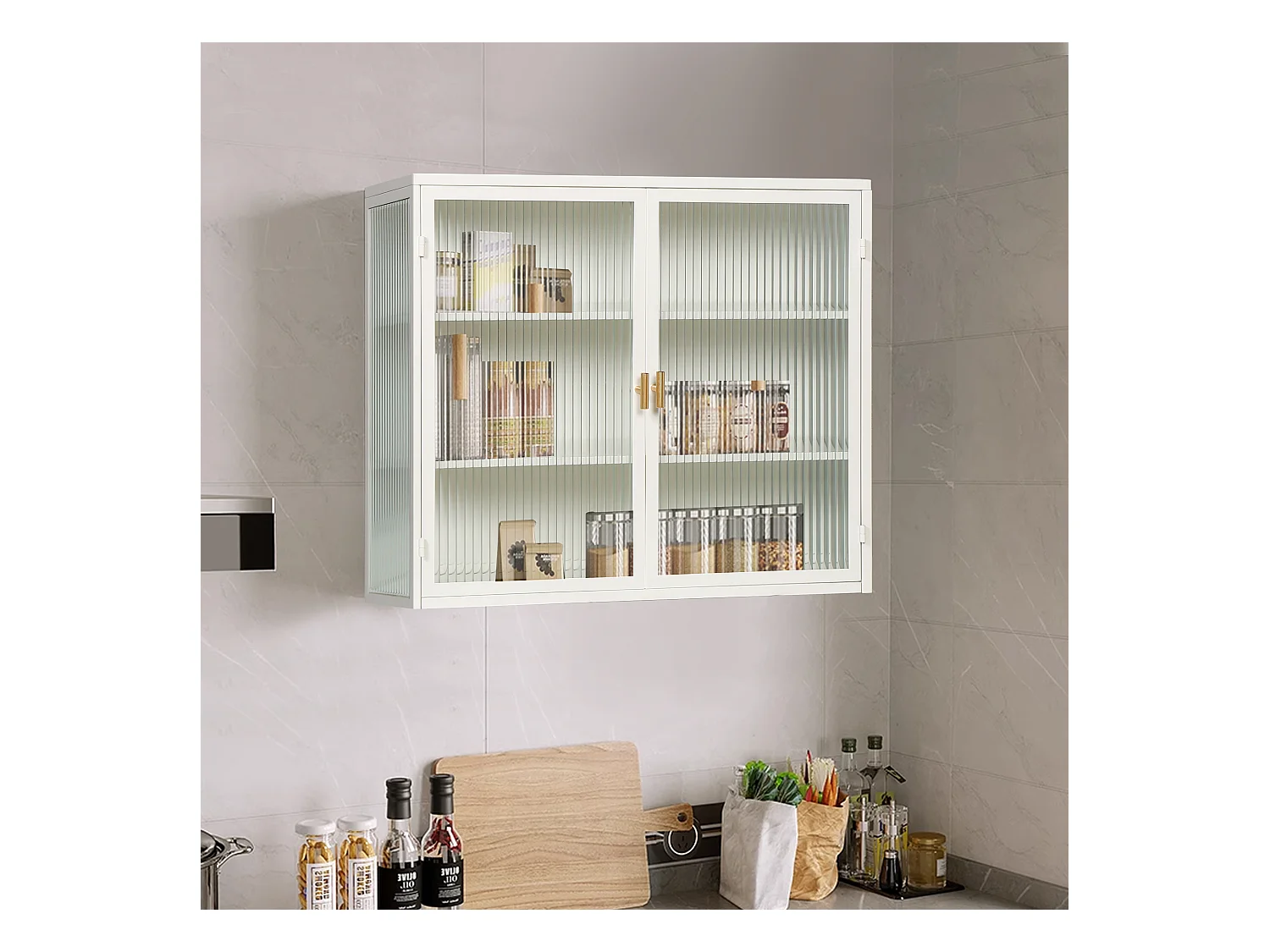 Moderner zweitüriger, dreistöckiger Hängeschrank mit 70 cm hohen Glastüren für den Eingangsbereich