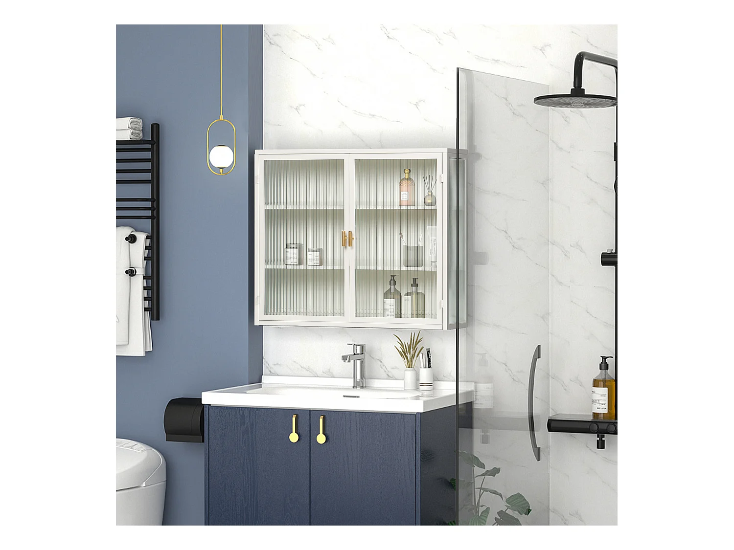 Armoire murale moderne à deux portes et trois niveaux,portes vitrées de 70cm,pour l'entrée