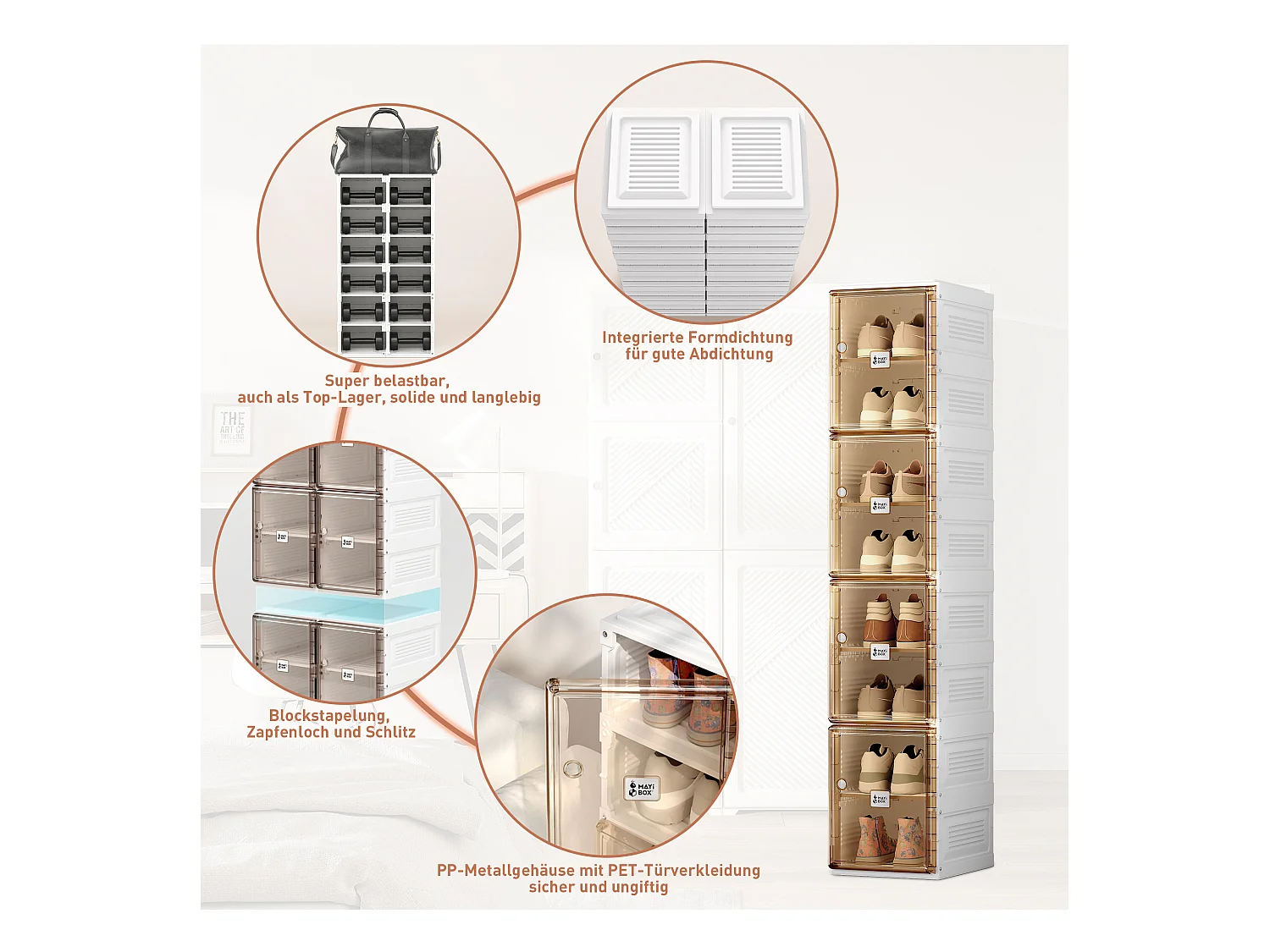 Schuhschrank fürs Wohnzimmer, stapelbares Aufbewahrungsmöbel mit Türen und Einlegeböden