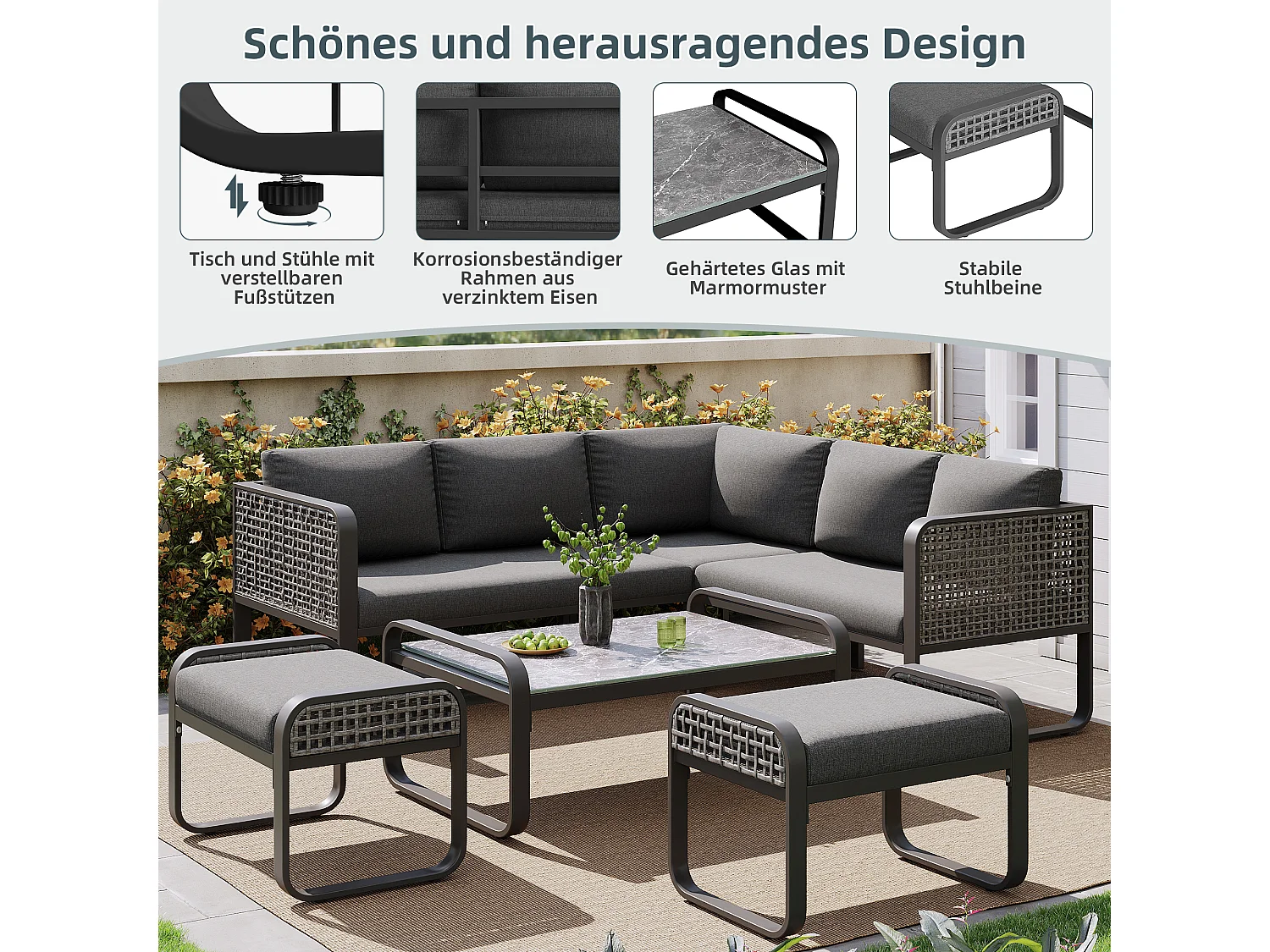 Salon de jardin,ensemble de meubles en rotin pour 6-7 personnes,canapé d'angle