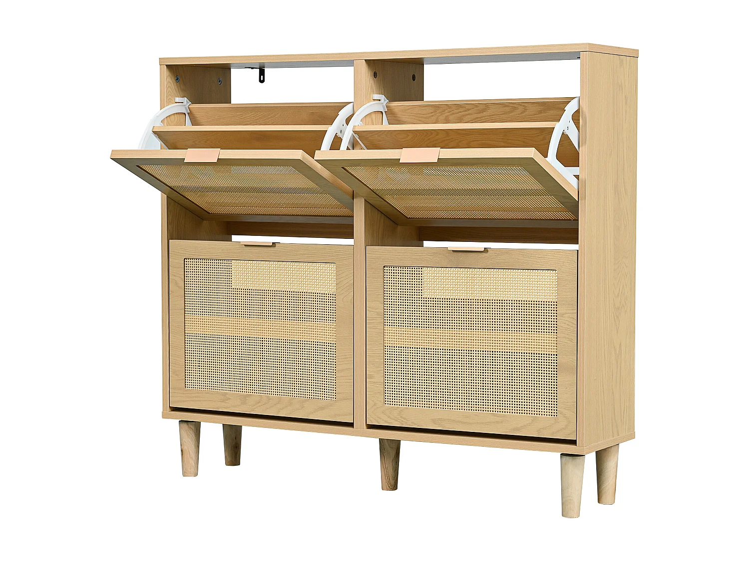 Schuhschrank mit 4 Klappschubladen, Rattan-Schuhkommode mit Griffen