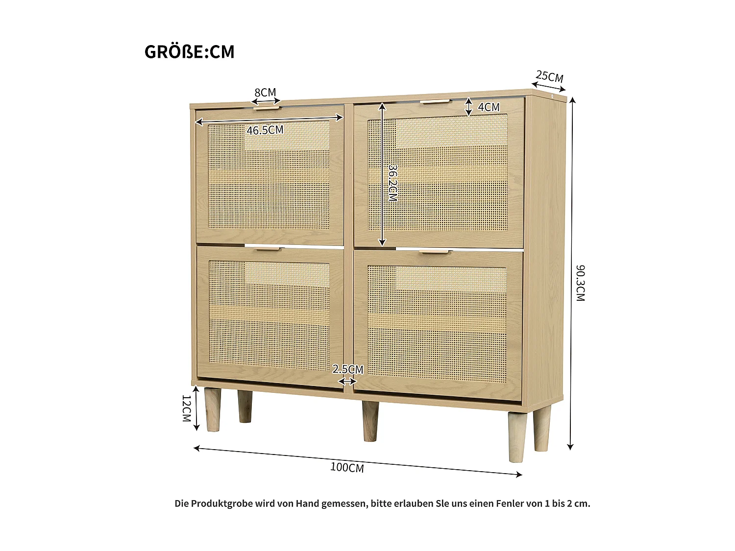 Schuhschrank mit 4 Klappschubladen, Rattan-Schuhkommode mit Griffen