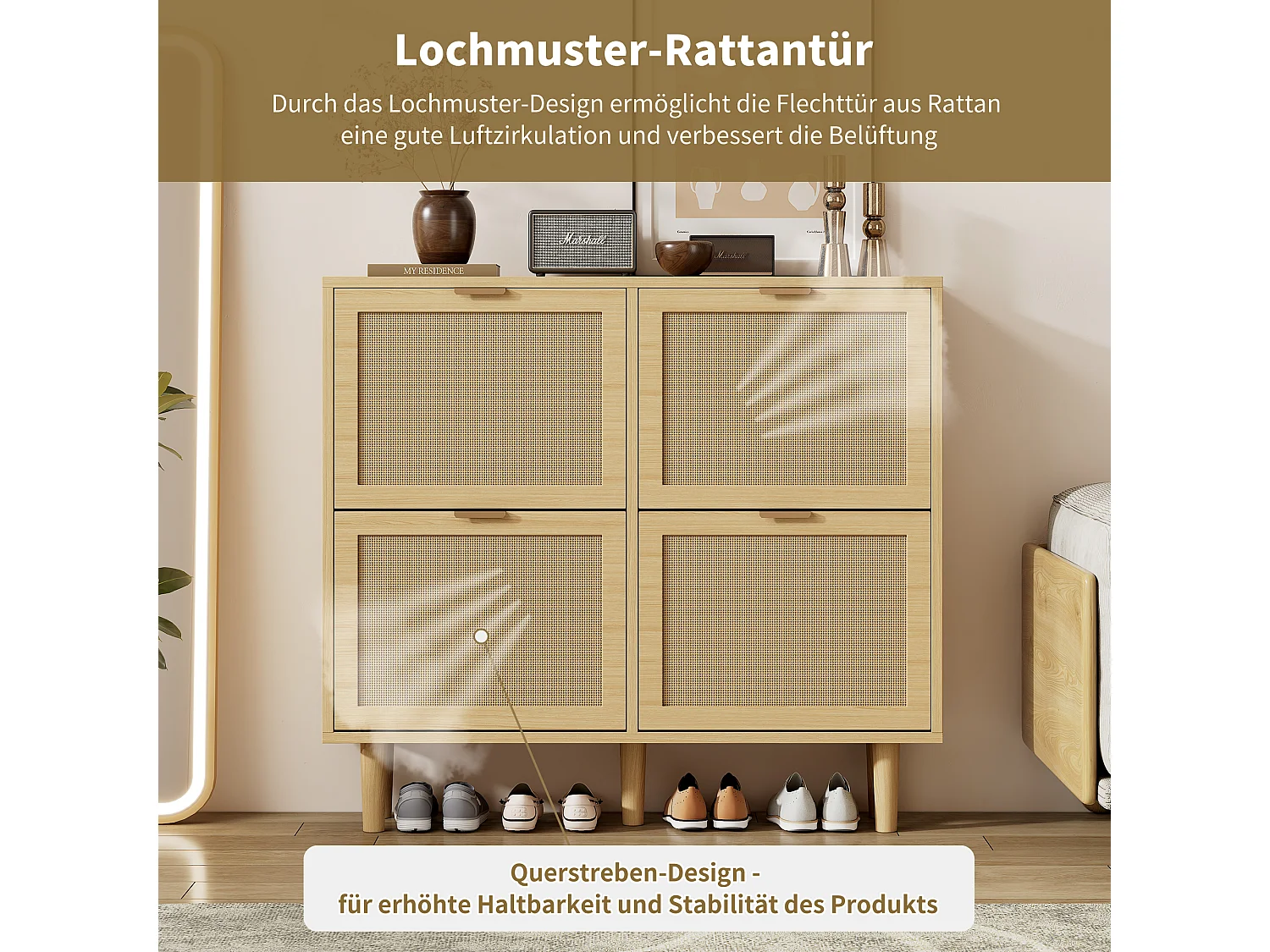 Schuhschrank mit 4 Klappschubladen, Rattan-Schuhkommode mit Griffen