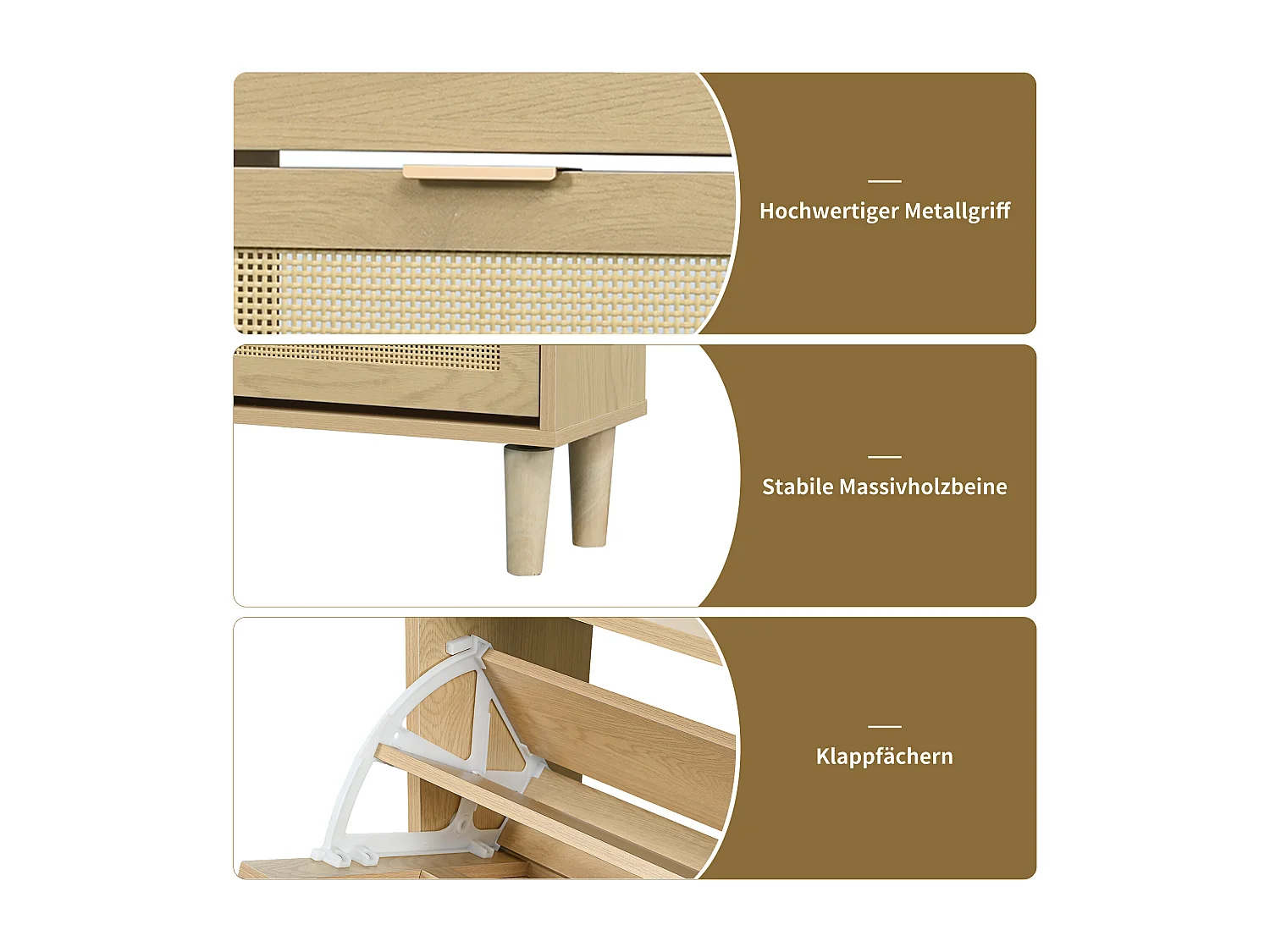 Schuhschrank mit 4 Klappschubladen, Rattan-Schuhkommode mit Griffen