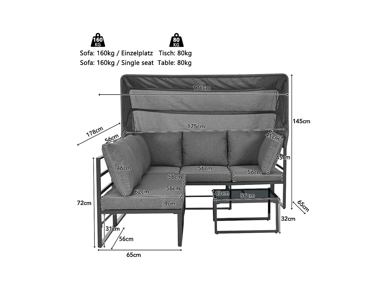 Gartenlounge-Sessel-Set, Sitzgruppe „Sunny Island“ aus Eisen, Hocker und Tisch
