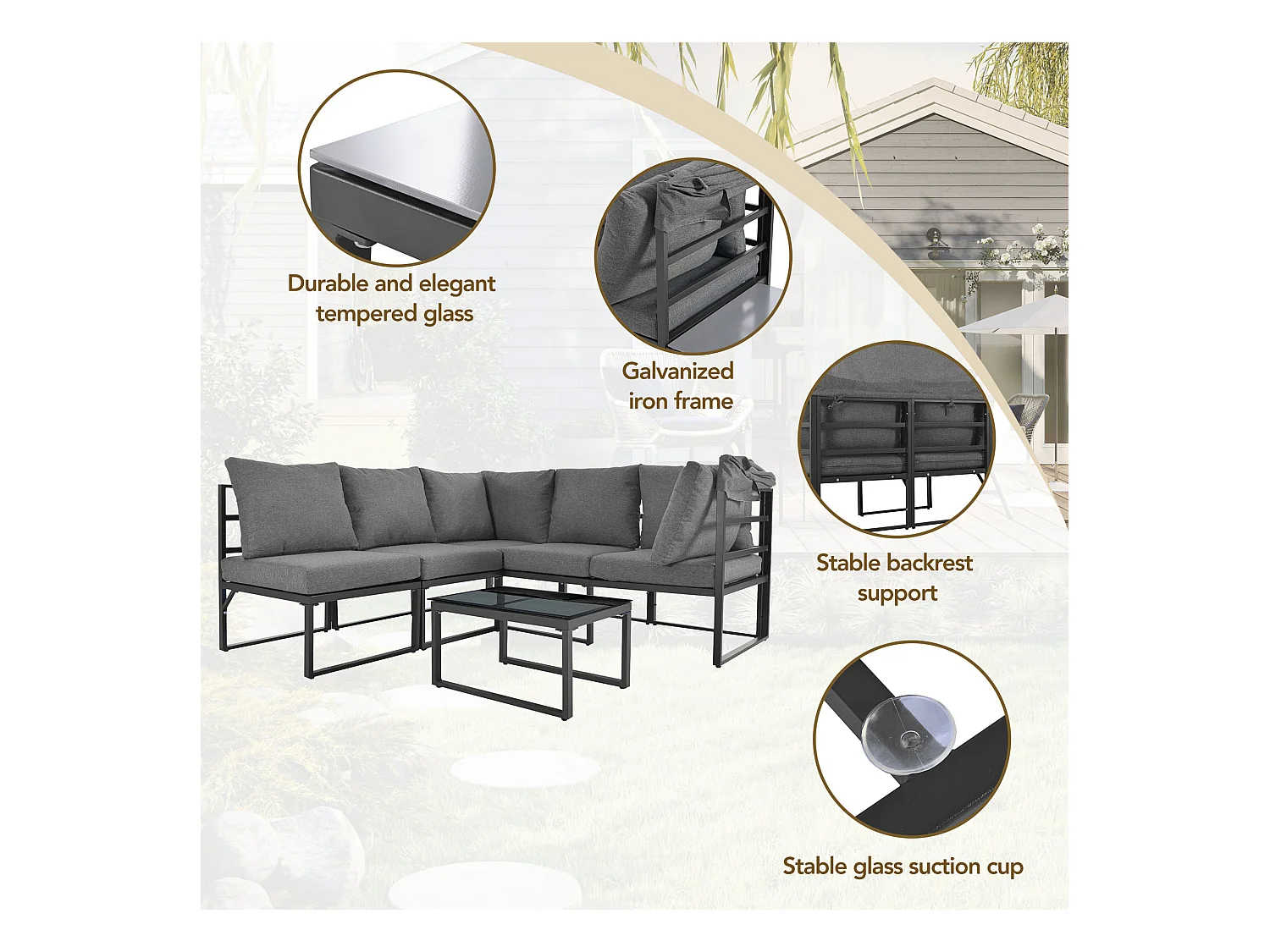 Gartenlounge-Sessel-Set, Sitzgruppe „Sunny Island“ aus Eisen, Hocker und Tisch