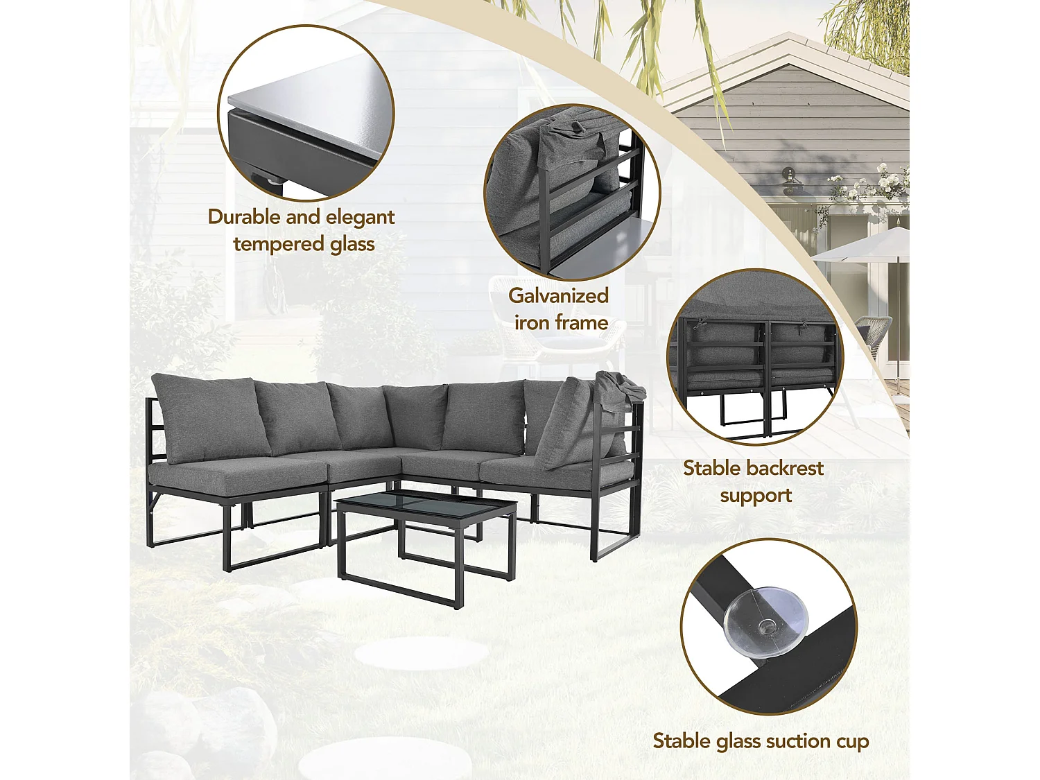 Conjunto de cadeiras de jardim, conjunto de assentos Iron Sunny Island, banco e mesa