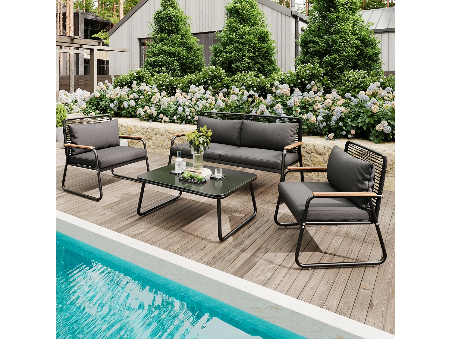 Conjunto de mobiliário de jardim, conjunto de sofá e mesa para 4 pessoas com estrutura em ferro galvanizado