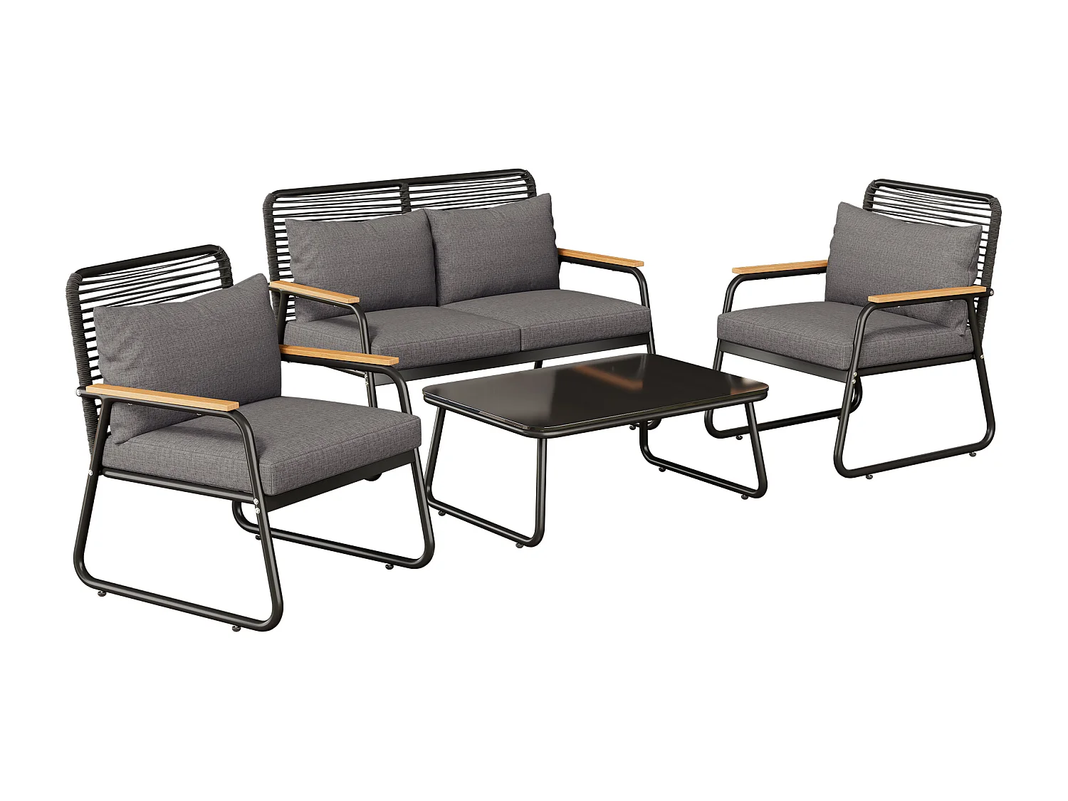 Conjunto de mobiliário de jardim, conjunto de sofá e mesa para 4 pessoas com estrutura em ferro galvanizado