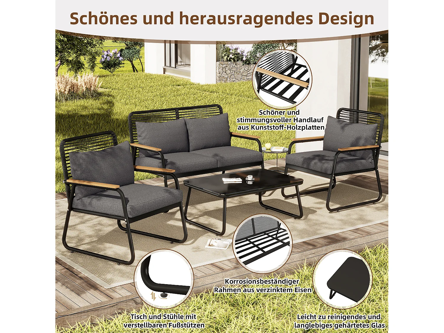 Conjunto de mobiliário de jardim, conjunto de sofá e mesa para 4 pessoas com estrutura em ferro galvanizado