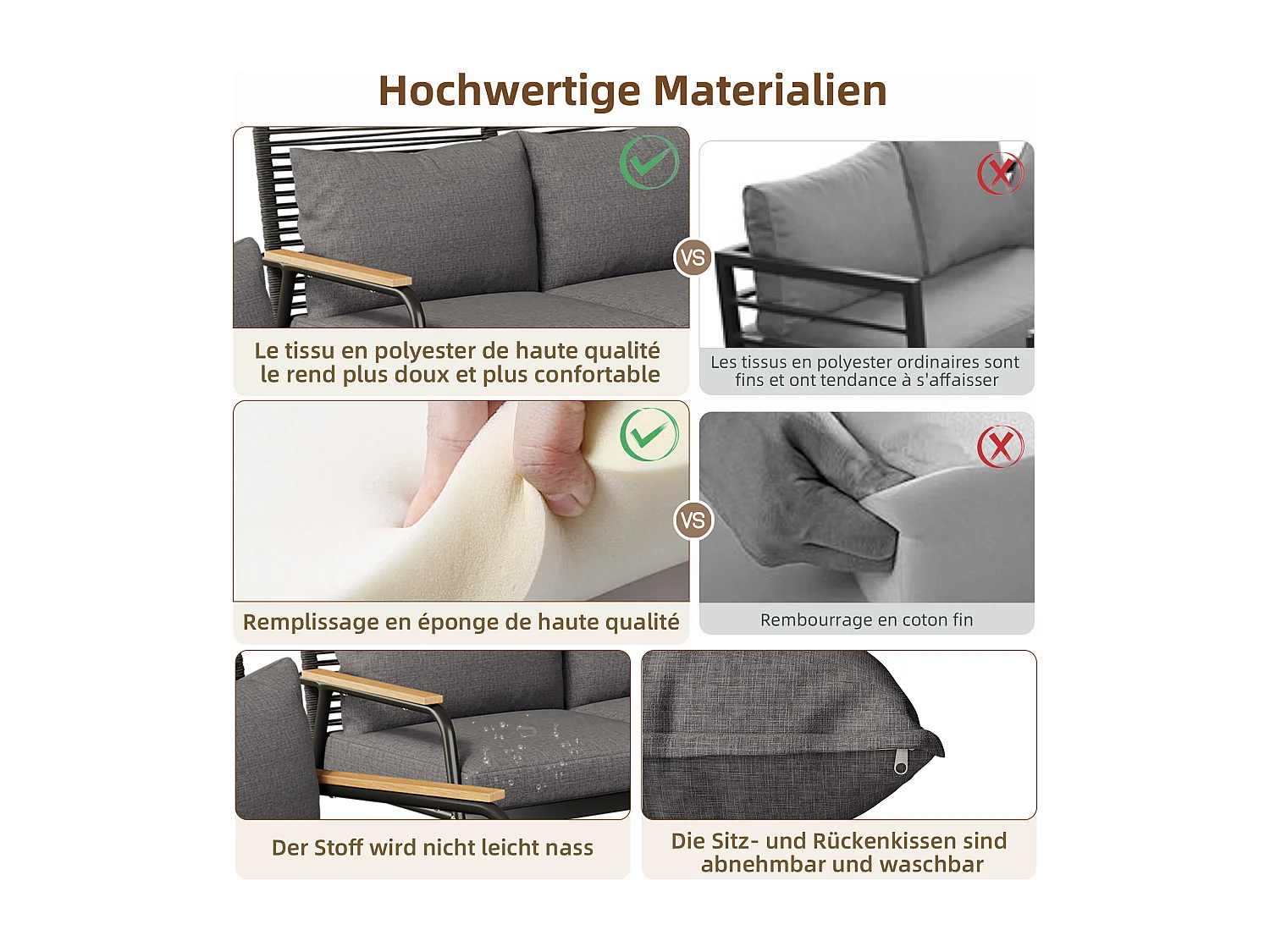 Conjunto de mobiliário de jardim, conjunto de sofá e mesa para 4 pessoas com estrutura em ferro galvanizado