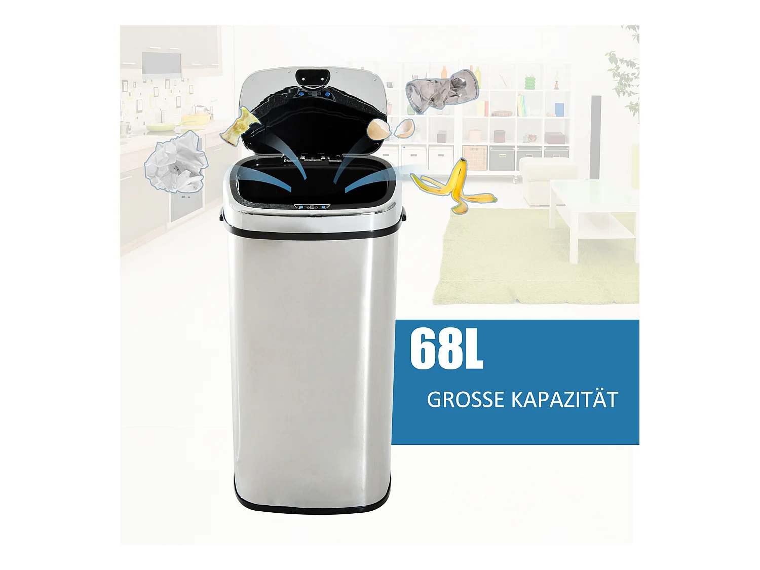 Automatischer Sensor-Mülleimer, Küche, Edelstahl, silber, 68 l