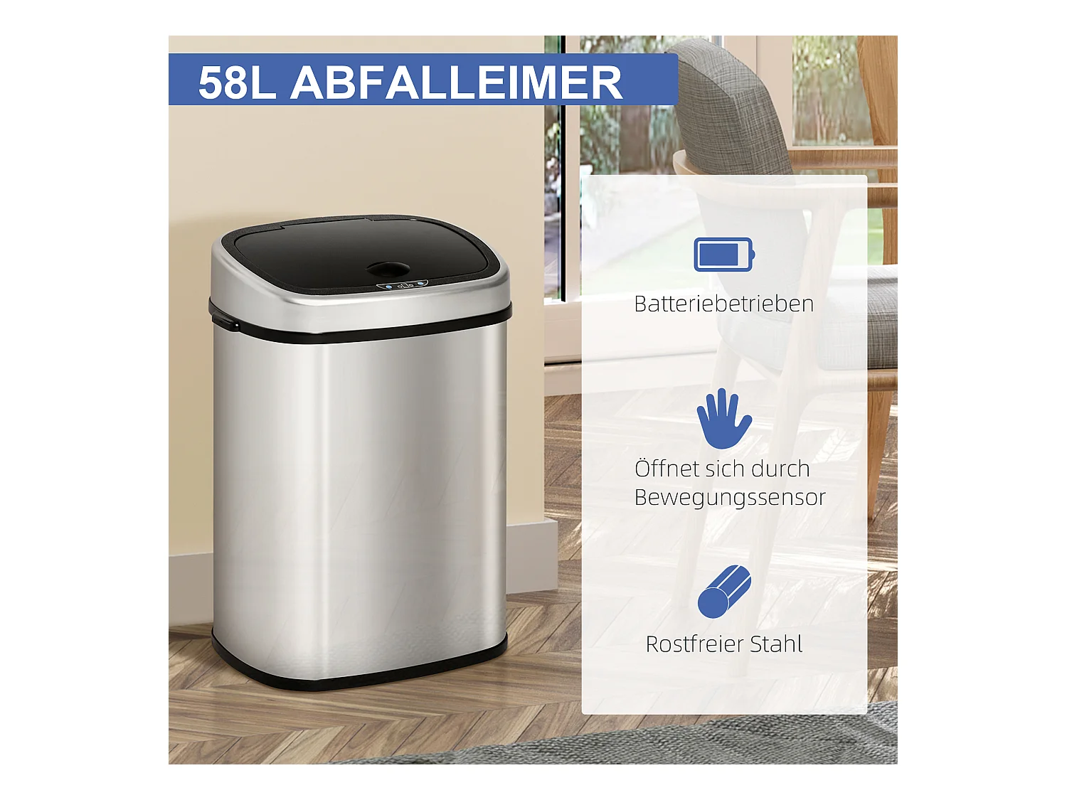 58 l automatische sensor prullenbak met infraroodsensor, zilverkleurig roestvrij staal, L40 x B28 x H68 cm