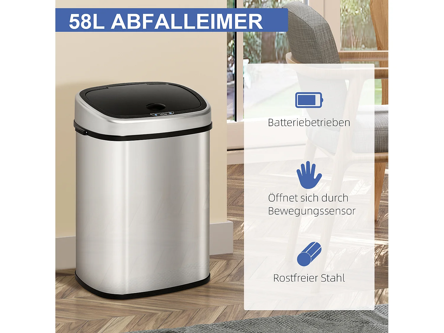 Papeleira Automática com Sensor de 58 L e Sensor Infravermelhos, Aço Inoxidável Prateado, C40 x L28 x A68 cm