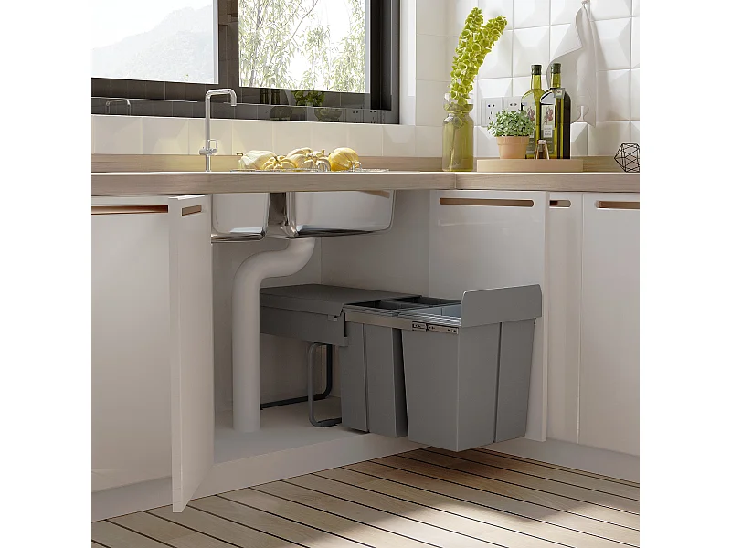Poubelle encastrable 40L,collecteur de déchets coulissant sous meuble avec 3 compartiments