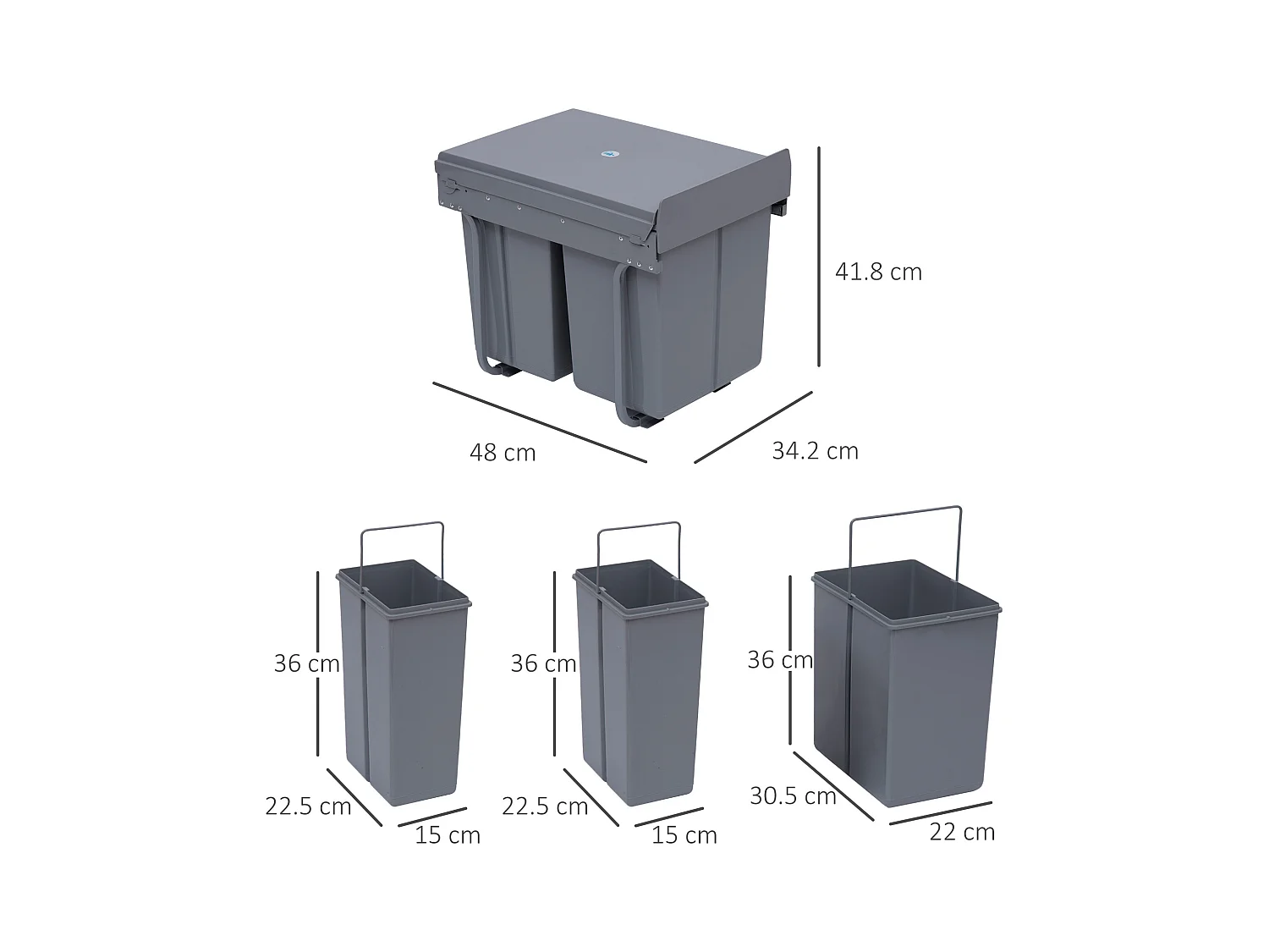 Poubelle encastrable 40L,collecteur de déchets coulissant sous meuble avec 3 compartiments