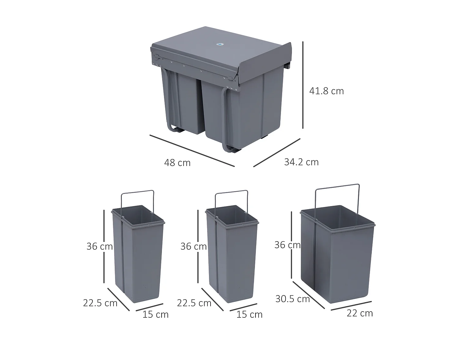 Poubelle encastrable 40L,collecteur de déchets coulissant sous meuble avec 3 compartiments