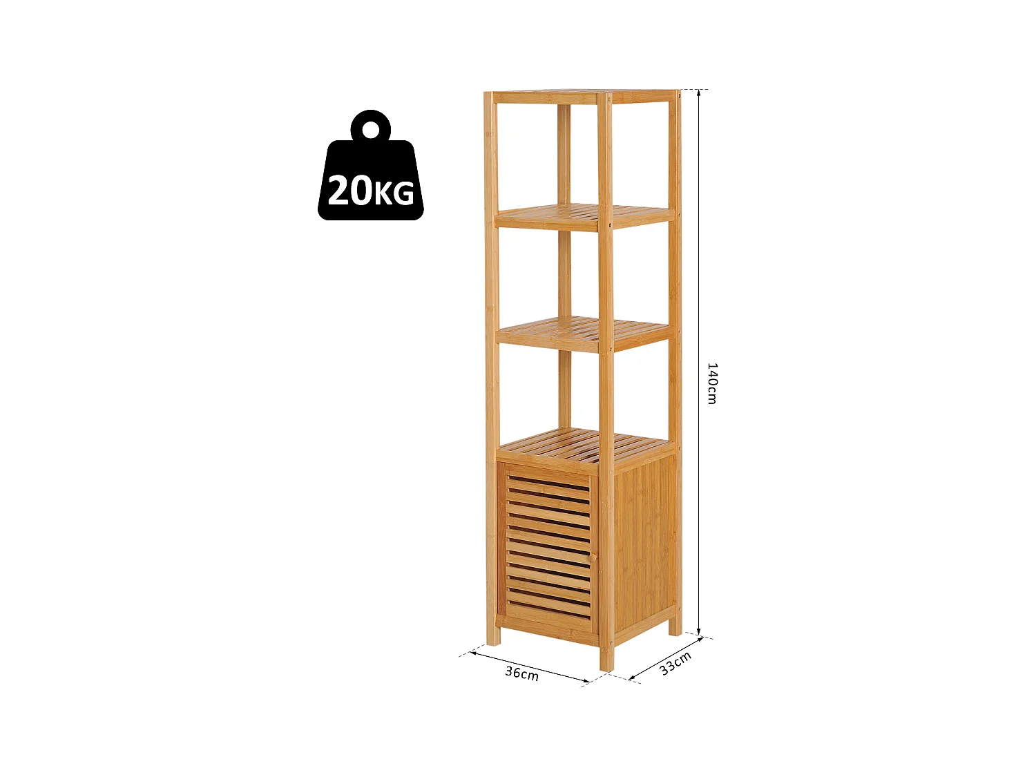 Badezimmerschrank mit 3 offenen Fächern aus Bambus, 36 x 33 x 140 cm