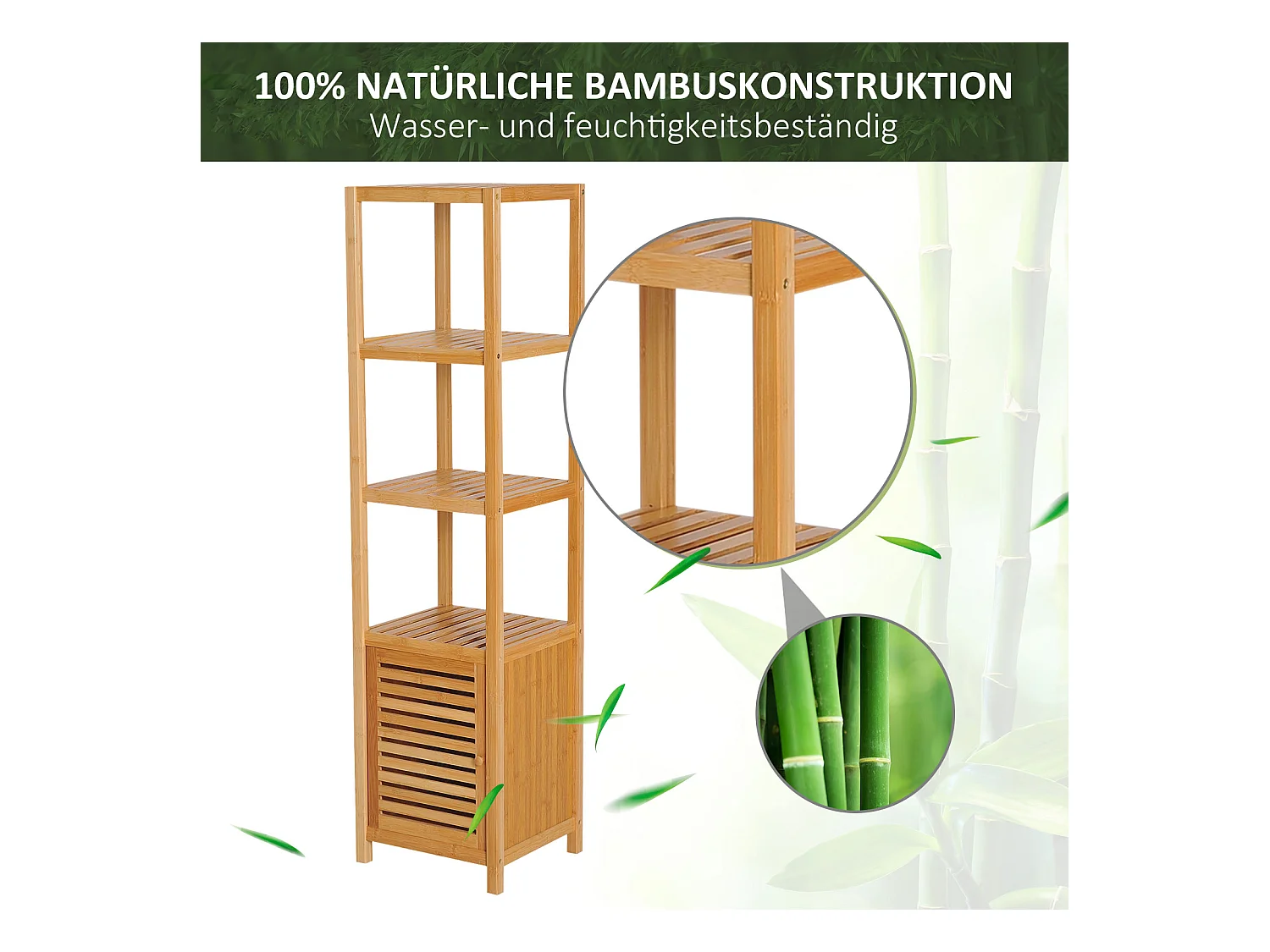 Badezimmerschrank mit 3 offenen Fächern aus Bambus, 36 x 33 x 140 cm