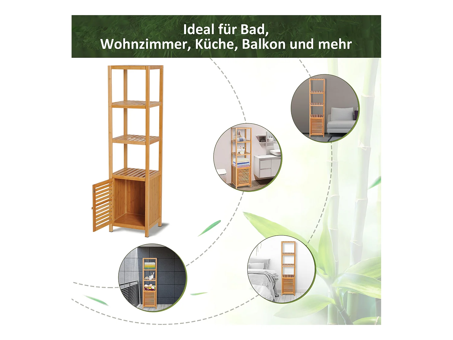 Badezimmerschrank mit 3 offenen Fächern aus Bambus, 36 x 33 x 140 cm