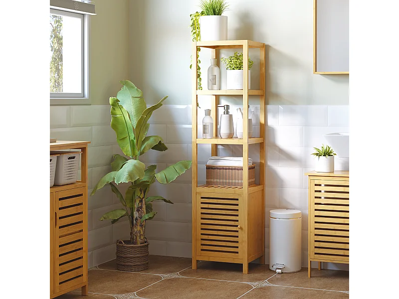 Meuble de salle de bain avec 3 compartiments ouverts en bambou,36x33x140cm