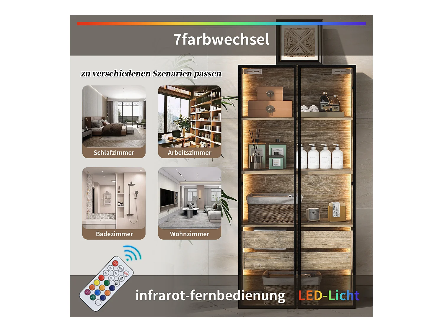 Mobiletto da bagno con barra luminosa, larghezza 73 cm, con 2 cassetti grandi e 2 ante