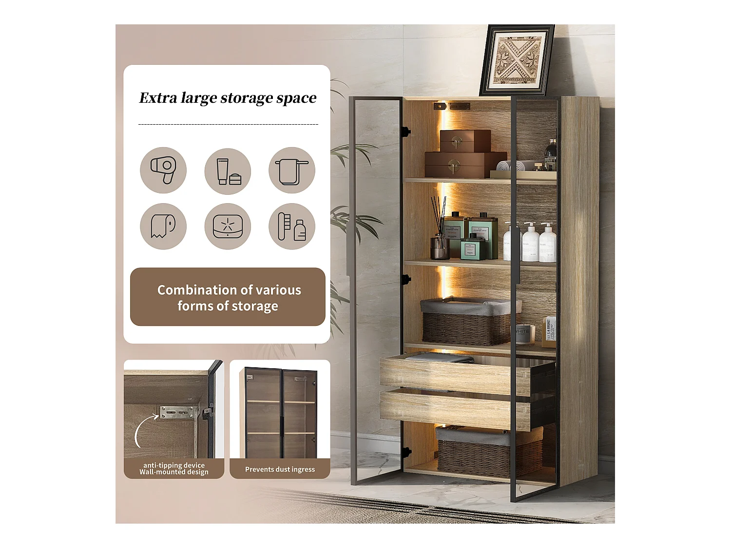 Meuble de salle de bainavec bande lumineuse,largeur 73cm,avec 2 grands tiroirs et 2 portes