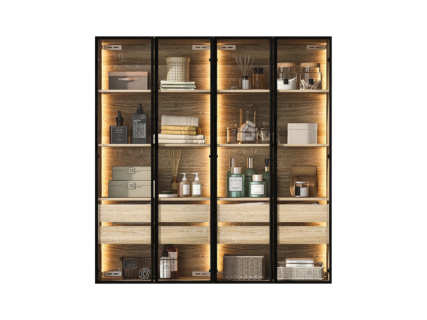 Lot de 2 meubles de salle de bain avec bandeau lumineux,avec 2 grands tiroirs et 2 portes