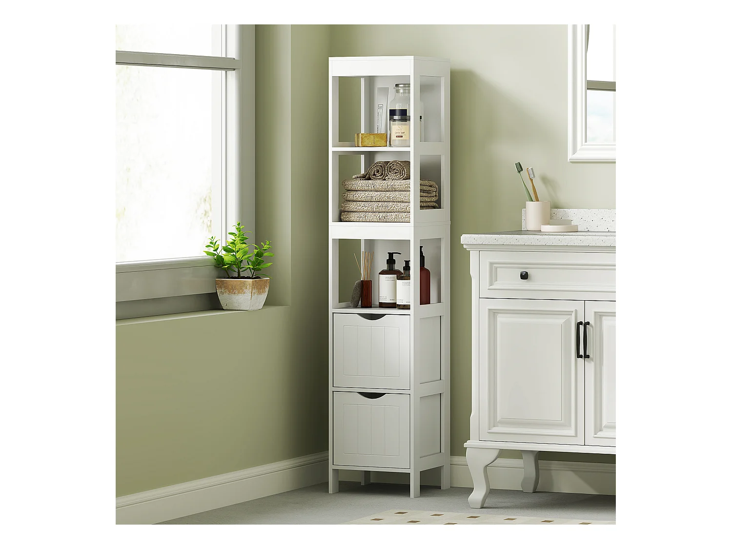 Schmaler Badezimmerschrank mit 2 Schubladen und 3 offenen Fächern, 30 x 30 x 141,2 cm