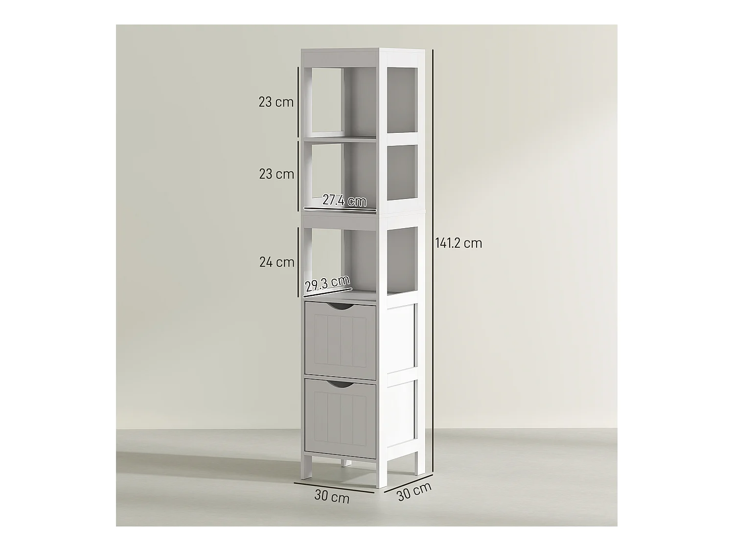 Schmaler Badezimmerschrank mit 2 Schubladen und 3 offenen Fächern, 30 x 30 x 141,2 cm