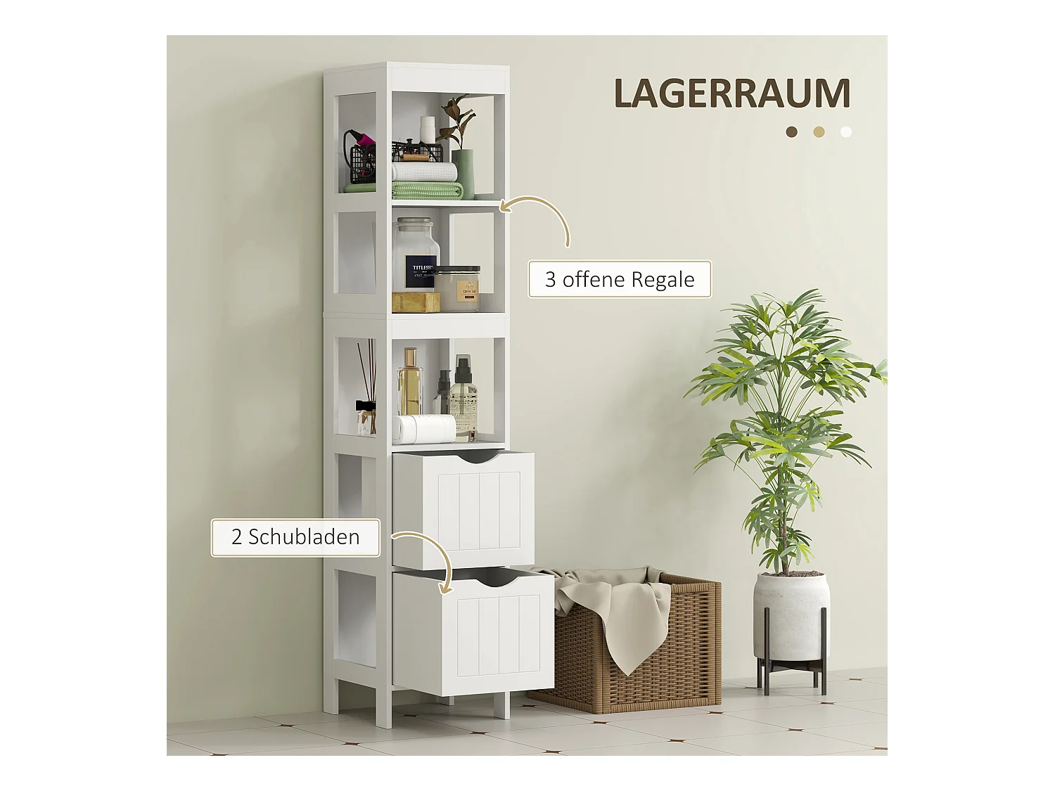 Schmaler Badezimmerschrank mit 2 Schubladen und 3 offenen Fächern, 30 x 30 x 141,2 cm