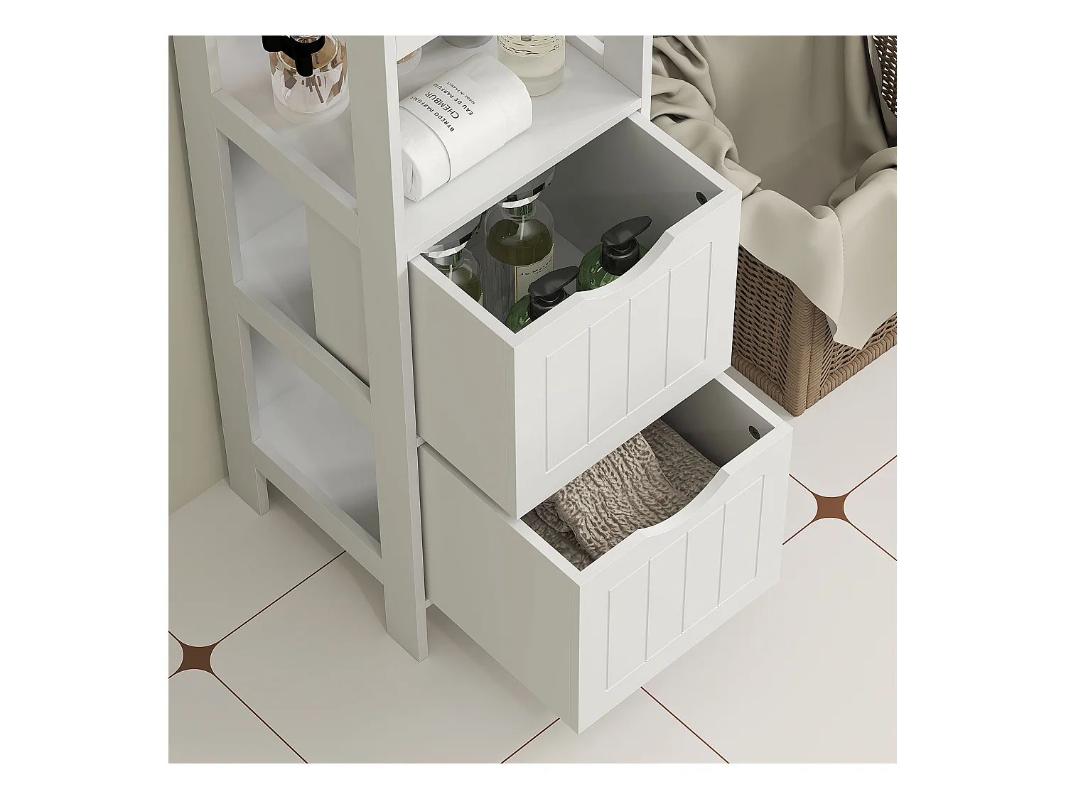 Schmaler Badezimmerschrank mit 2 Schubladen und 3 offenen Fächern, 30 x 30 x 141,2 cm