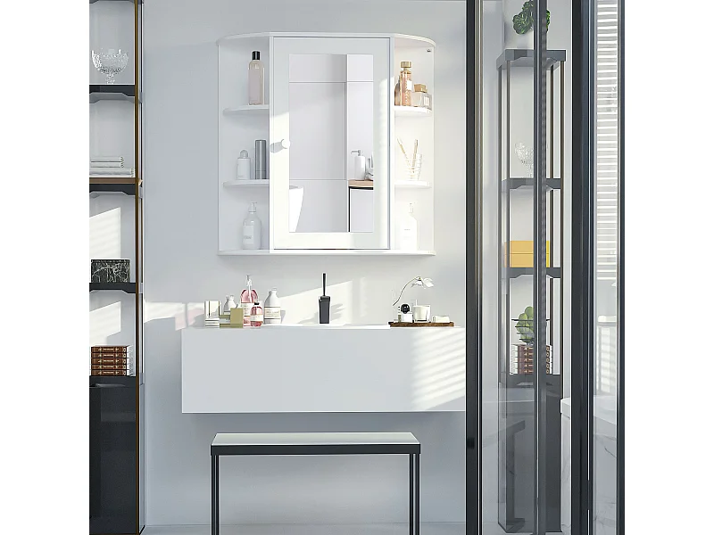 Armoire de toilette avec miroir,armoire murale suspendue avec 8 compartiments,blanche