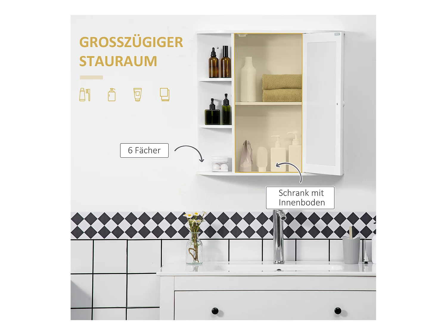 Armoire de toilette avec miroir,armoire murale suspendue avec 8 compartiments,blanche