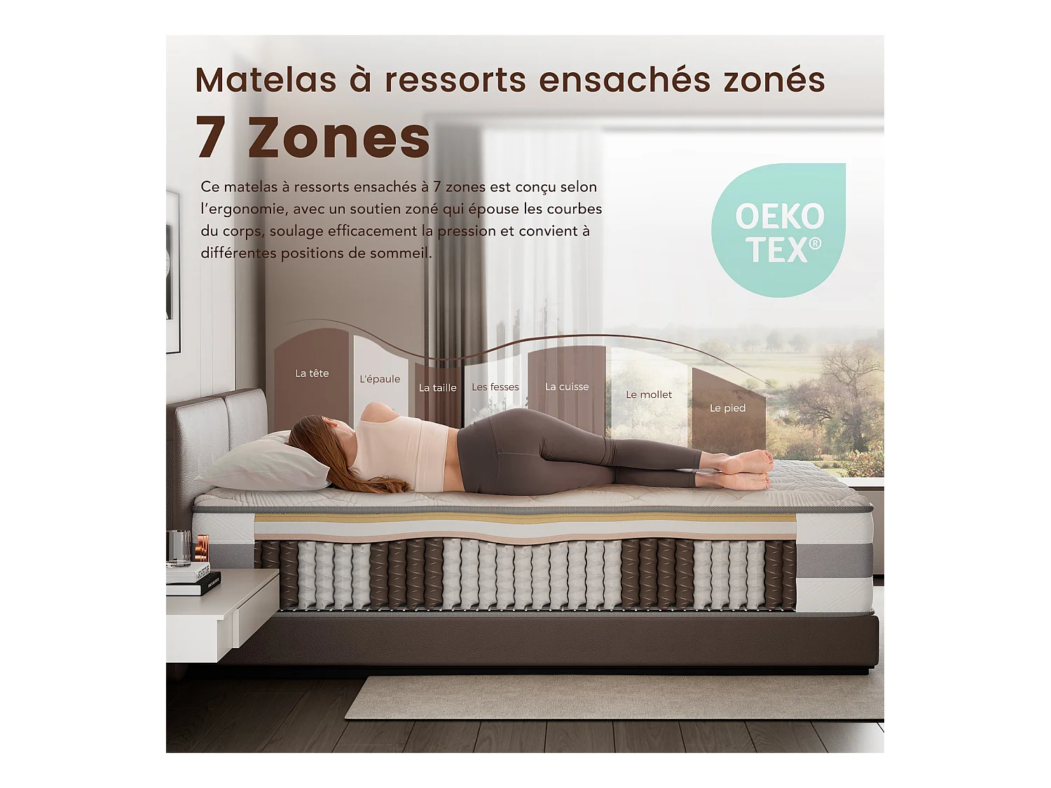 Matelas 140 x 200 cm ressorts ensachés 7 zones, soutien ferme H3, mousse confort ép. 25 cm - HOMAVO