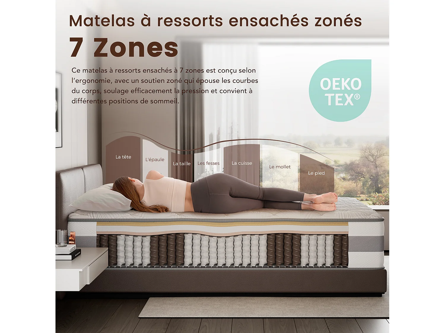 Matelas 90 x 200 cm ressorts ensachés 7 zones, soutien ferme H3, mousse confort ép. 25 cm - HOMAVO