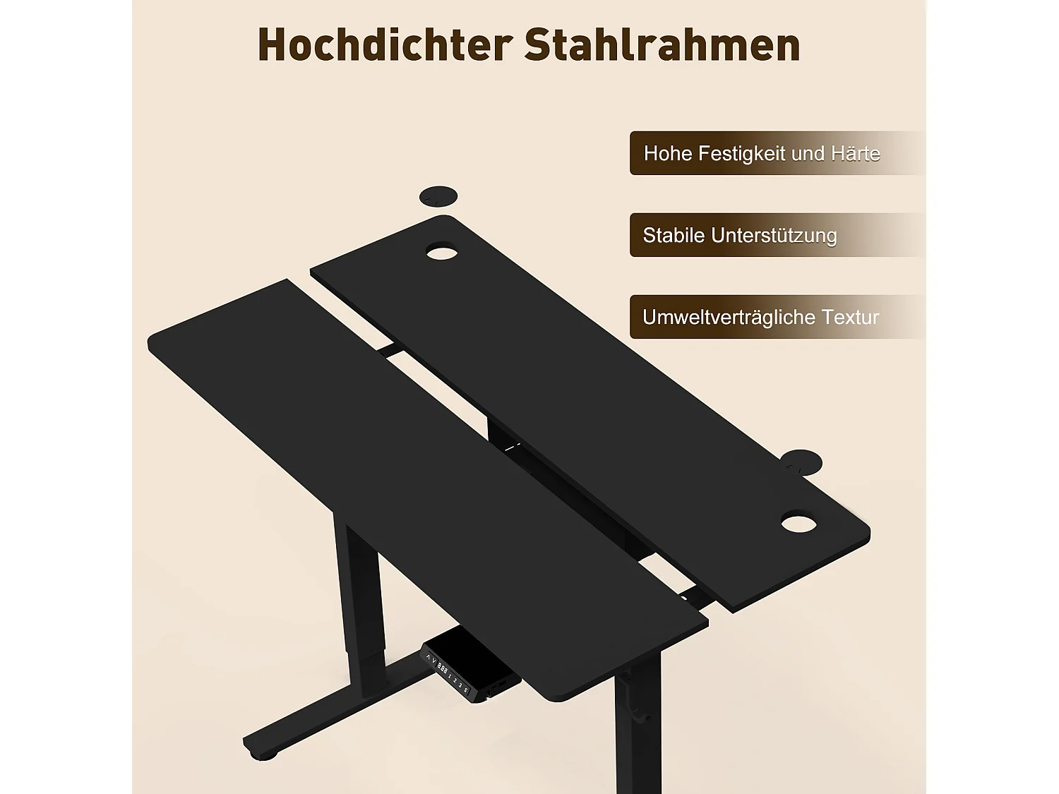 Elektrisch höhenverstellbarer Schreibtisch 120x60 cm – Höhenverstellbar – Mit Speicherfunktion & Kollisionsschutz – USB-A- & Typ-C-Anschlüsse – Farbe Schwarz