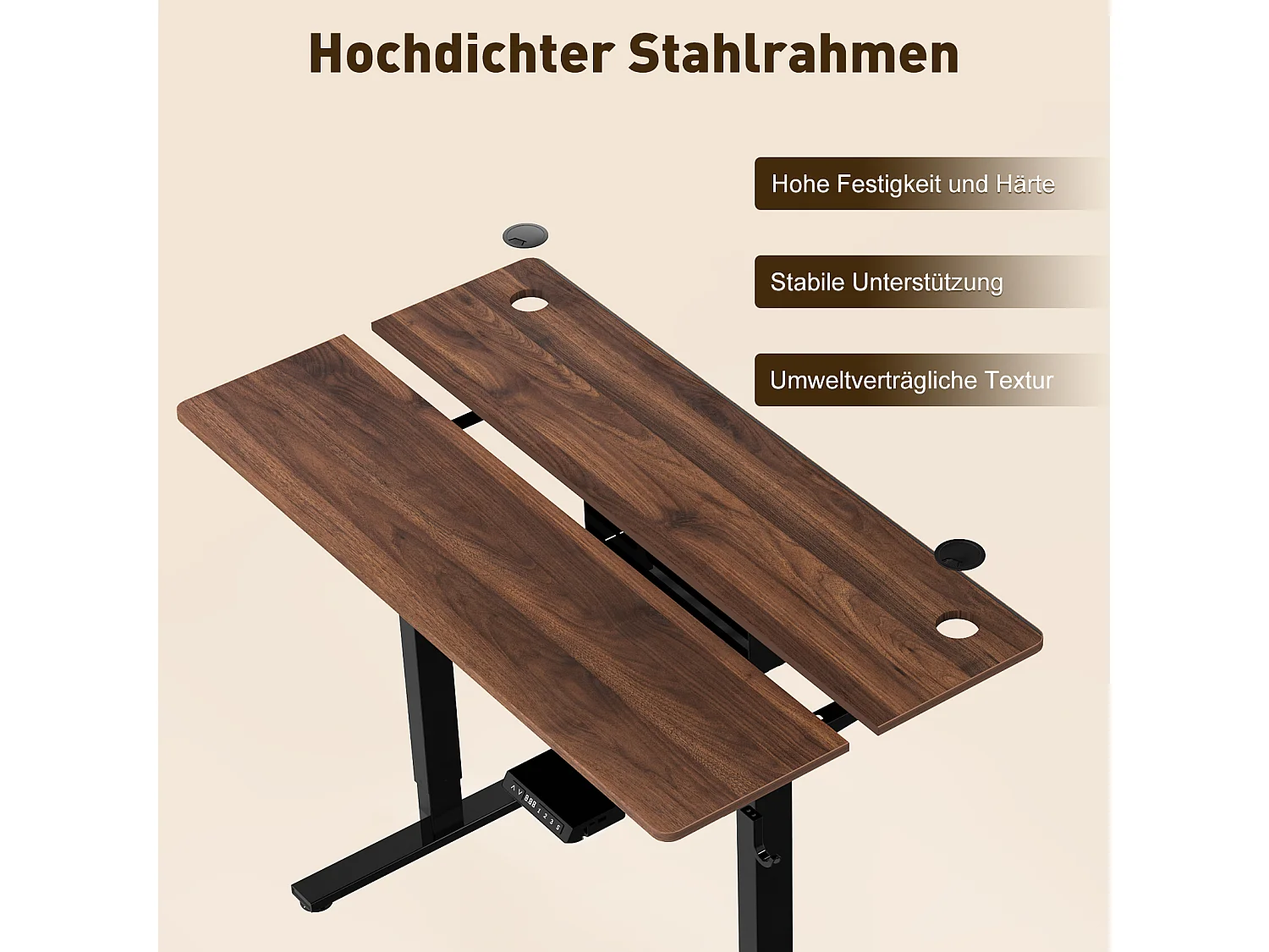 Elektrischer Schreibtisch 120x60 cm – Höhenverstellbar mit Memory & Kollisionsschutz – USB-A & Typ-C – Nussbaum-Optik