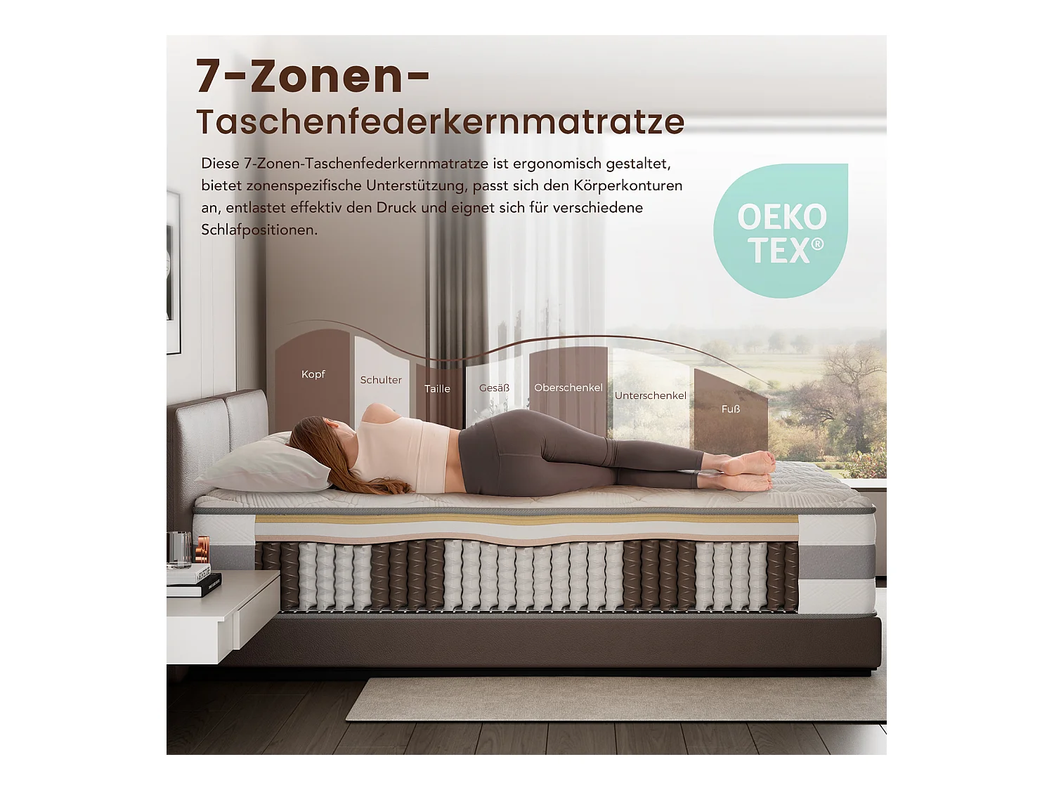 Matratze – 140 x 190 cm – Taschenfederkern – 7 Zonen – mittlere Festigkeit H3 – 25 cm – HOMAVO